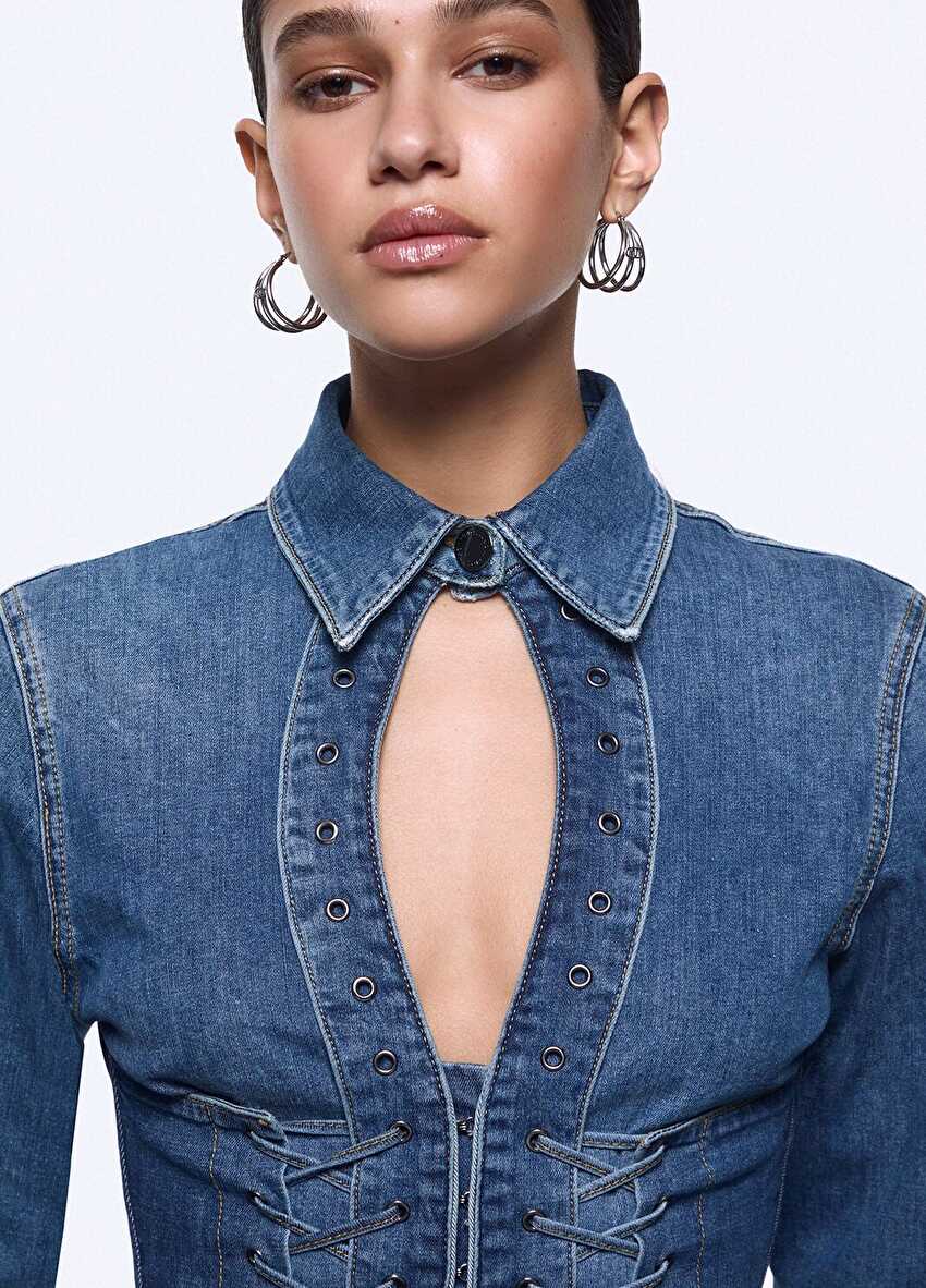 Bağcık Detaylı Denim Gömlek