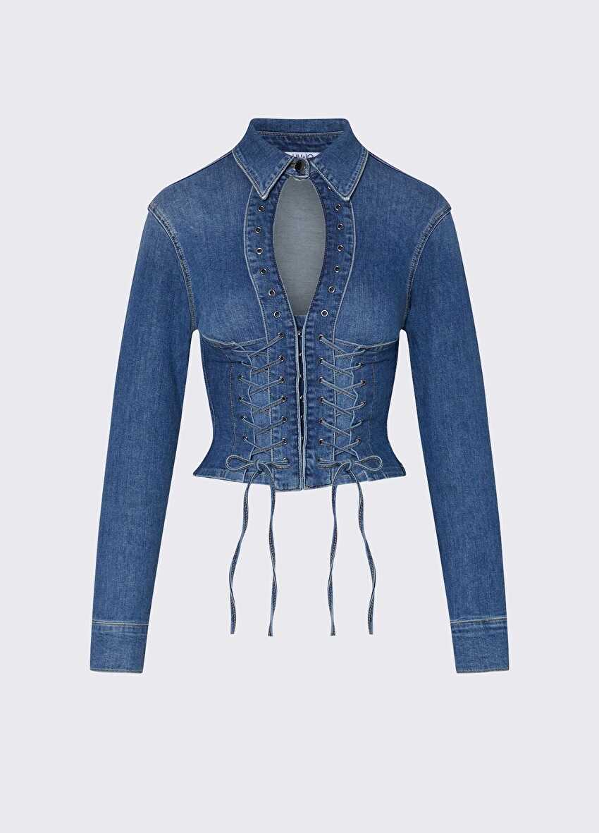 Bağcık Detaylı Denim Gömlek