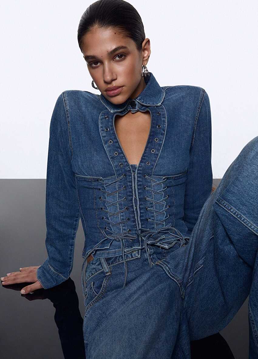Bağcık Detaylı Denim Gömlek