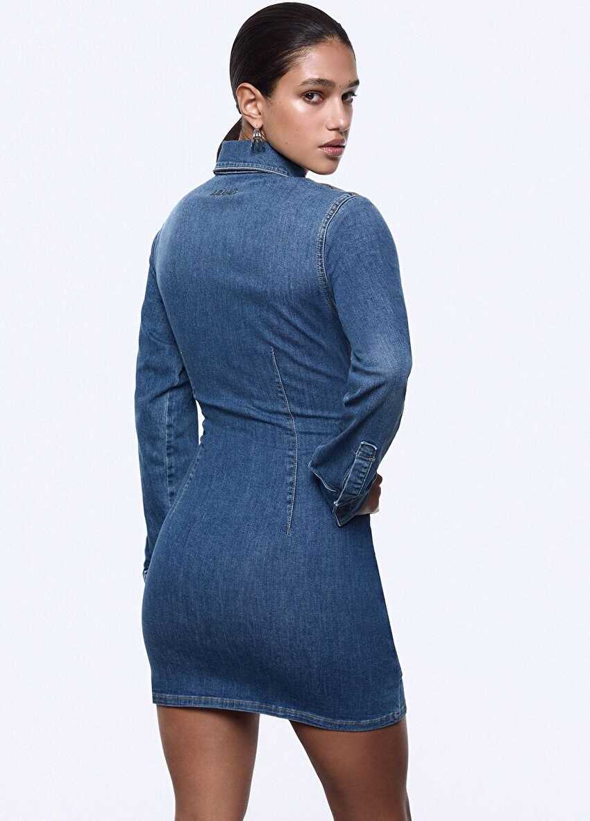 Bağcık Detaylı Denim Mini Elbise