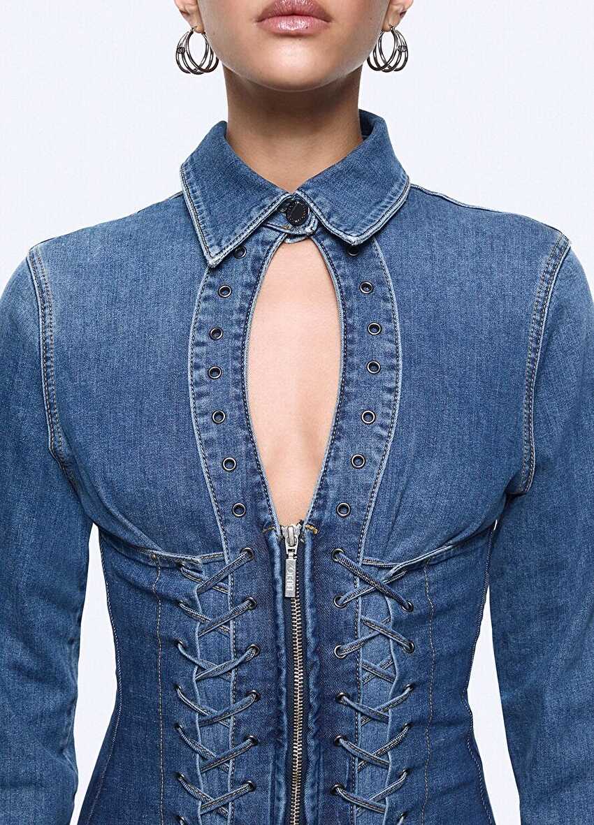 Bağcık Detaylı Denim Mini Elbise