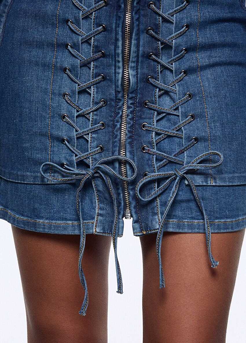 Bağcık Detaylı Denim Mini Elbise