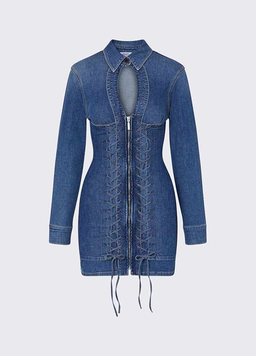 Bağcık Detaylı Denim Mini Elbise