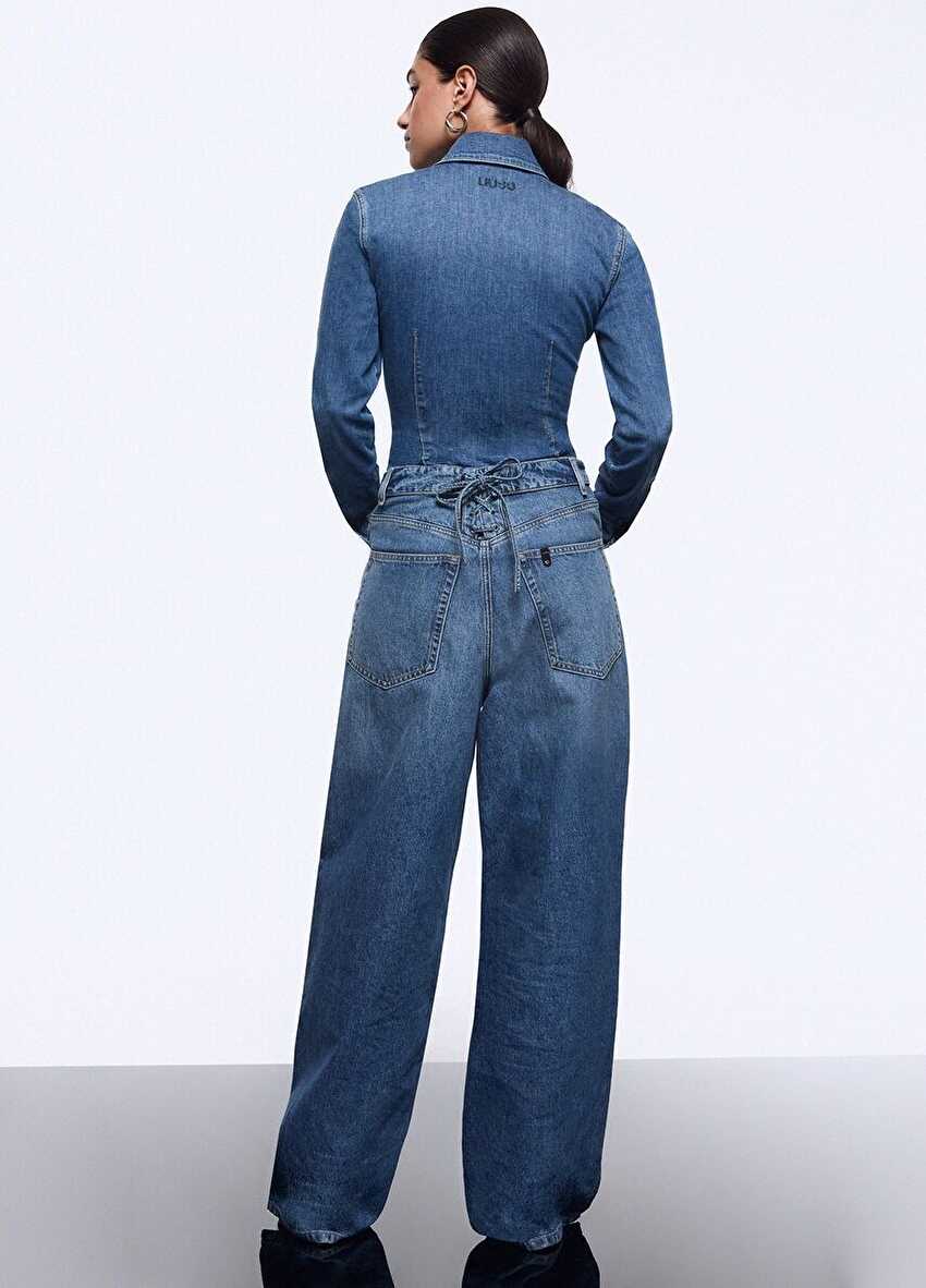 Bağcık Detaylı Wide Leg Jean Pantolon