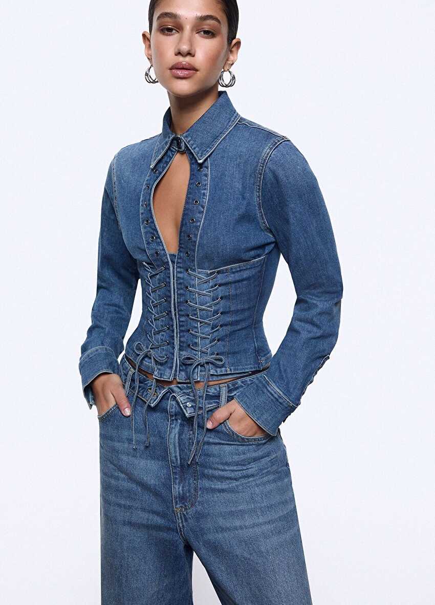 Bağcık Detaylı Wide Leg Jean Pantolon