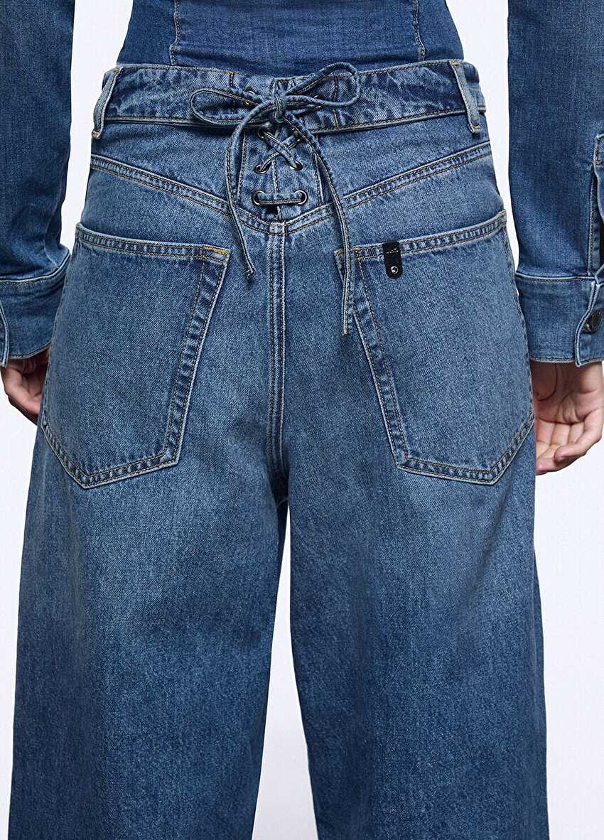 Bağcık Detaylı Wide Leg Jean Pantolon