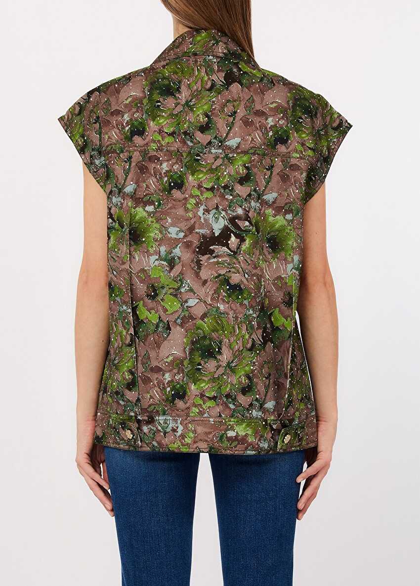 Floral Desenli Denim Yelek