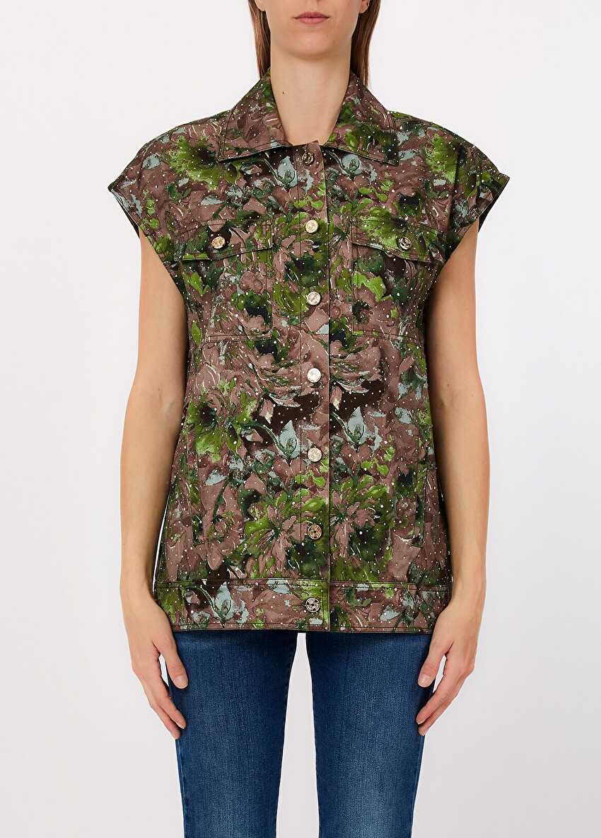 Floral Desenli Denim Yelek