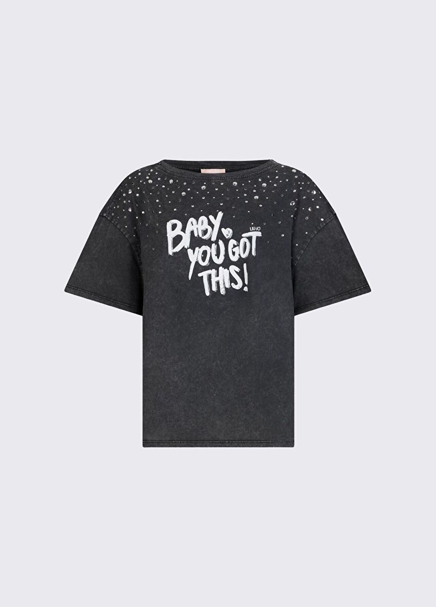 Taş Detaylı Baskılı T-Shirt