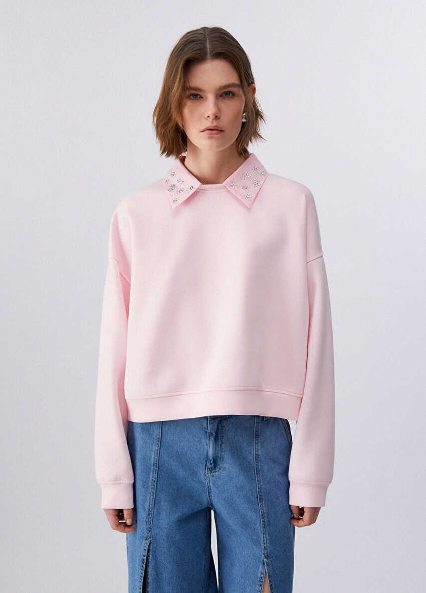 Taş İşlemeli Polo Yaka Sweatshirt