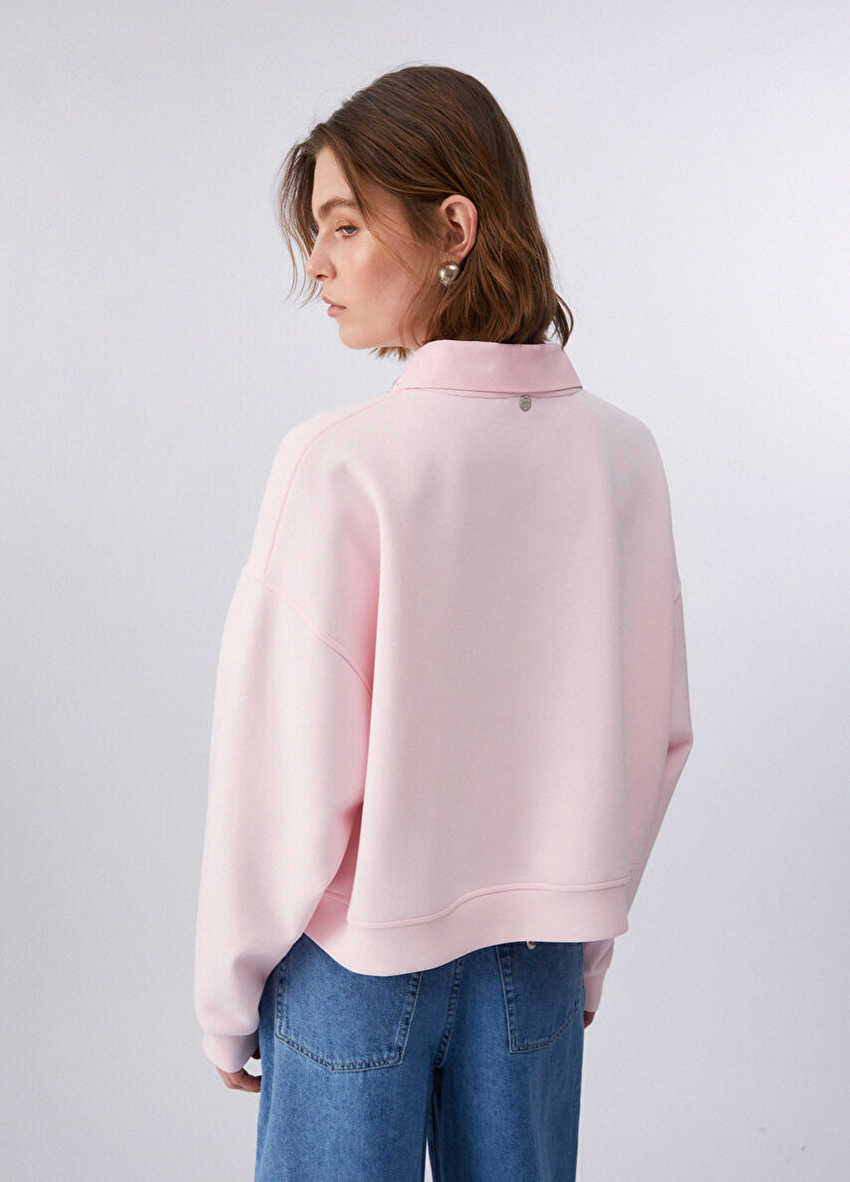 Taş İşlemeli Polo Yaka Sweatshirt