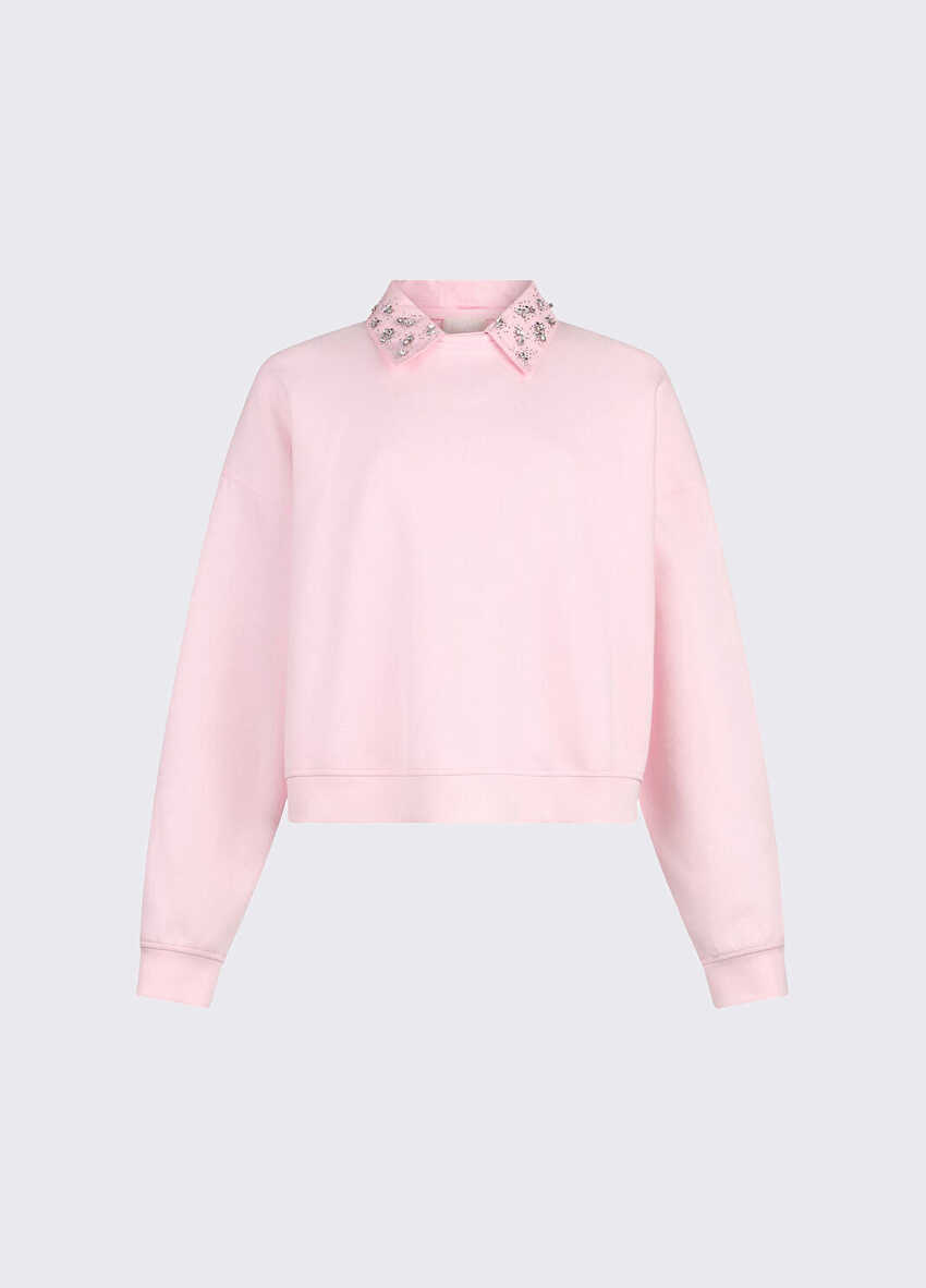 Taş İşlemeli Polo Yaka Sweatshirt