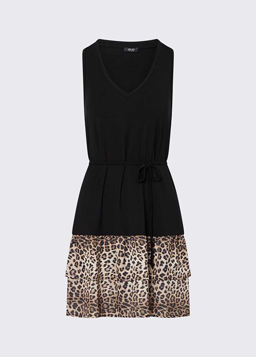 Leopar Desenli Fırfır Elbise