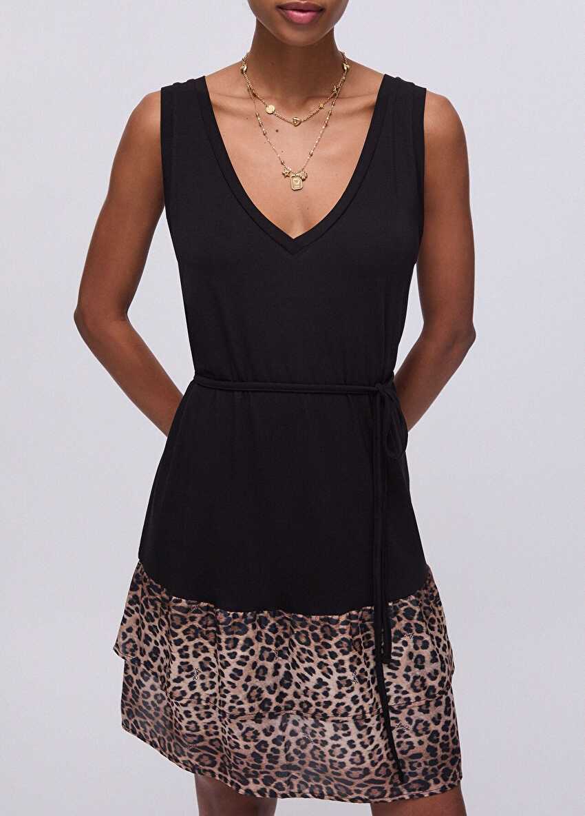 Leopar Desenli Fırfır Elbise