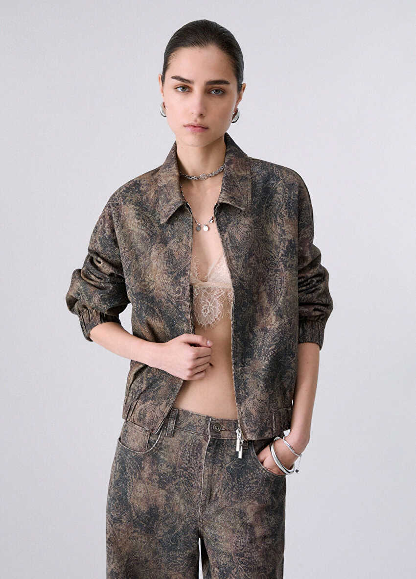 Simli baskılı oversize ceket