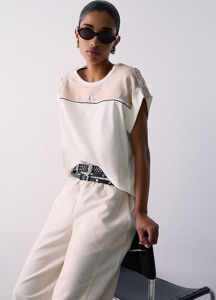 Beyaz / Bej Kısa Kollu Moda Tişört