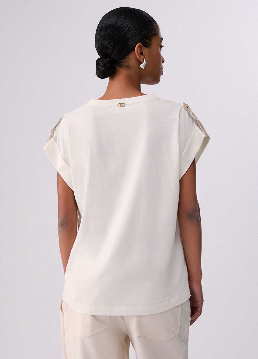 Beyaz / Bej Kısa Kollu Moda Tişört