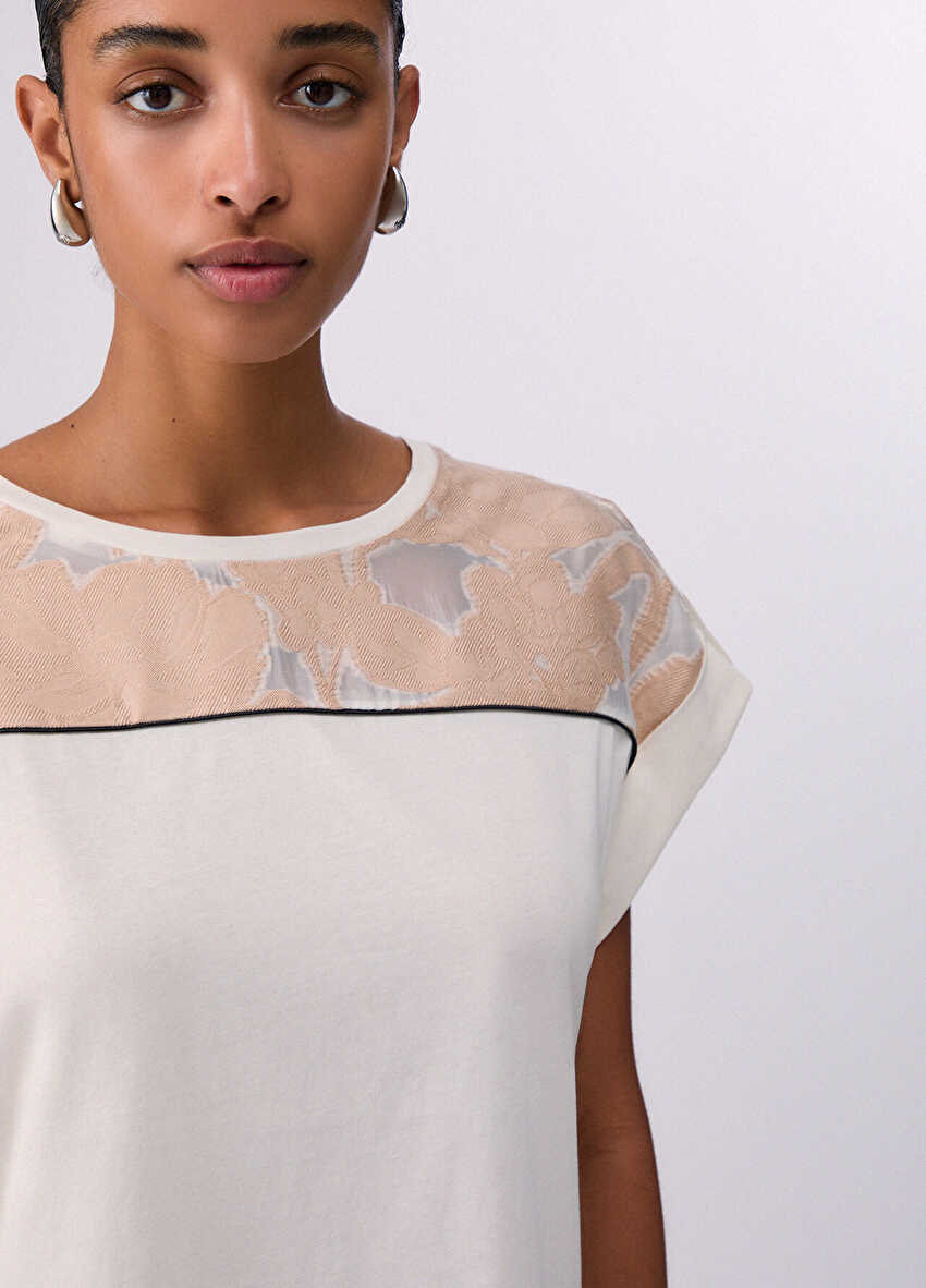 Beyaz / Bej Kısa Kollu Moda Tişört