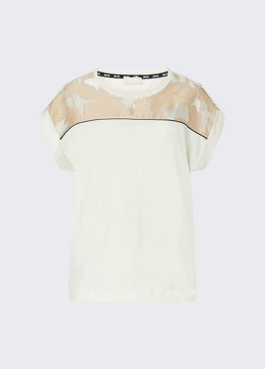 Beyaz / Bej Kısa Kollu Moda Tişört