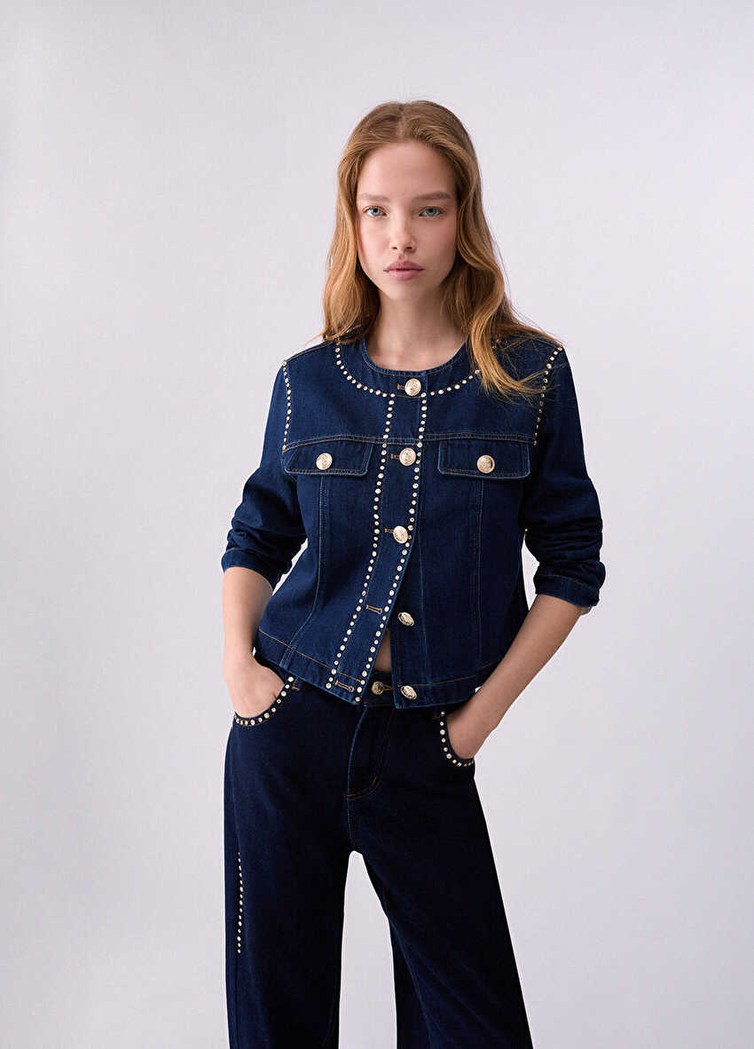 Taşlı dar kesim denim ceket