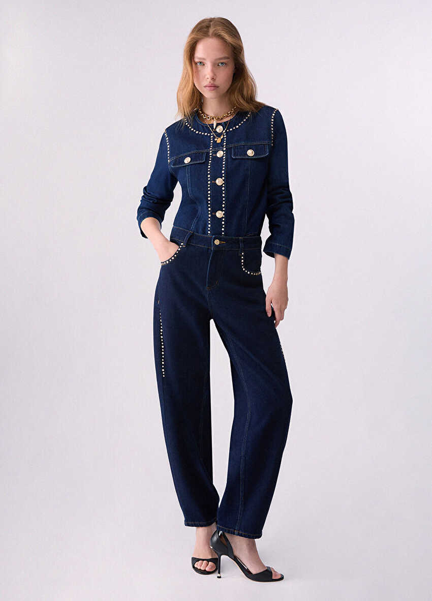 Taşlı dar kesim denim ceket